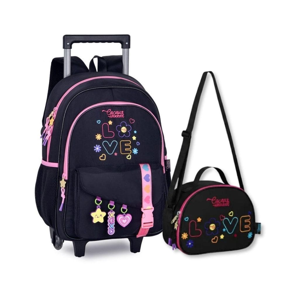 Mochila Rodinhas Lancheira Cacau Haxkar Kit Escolar Feminino