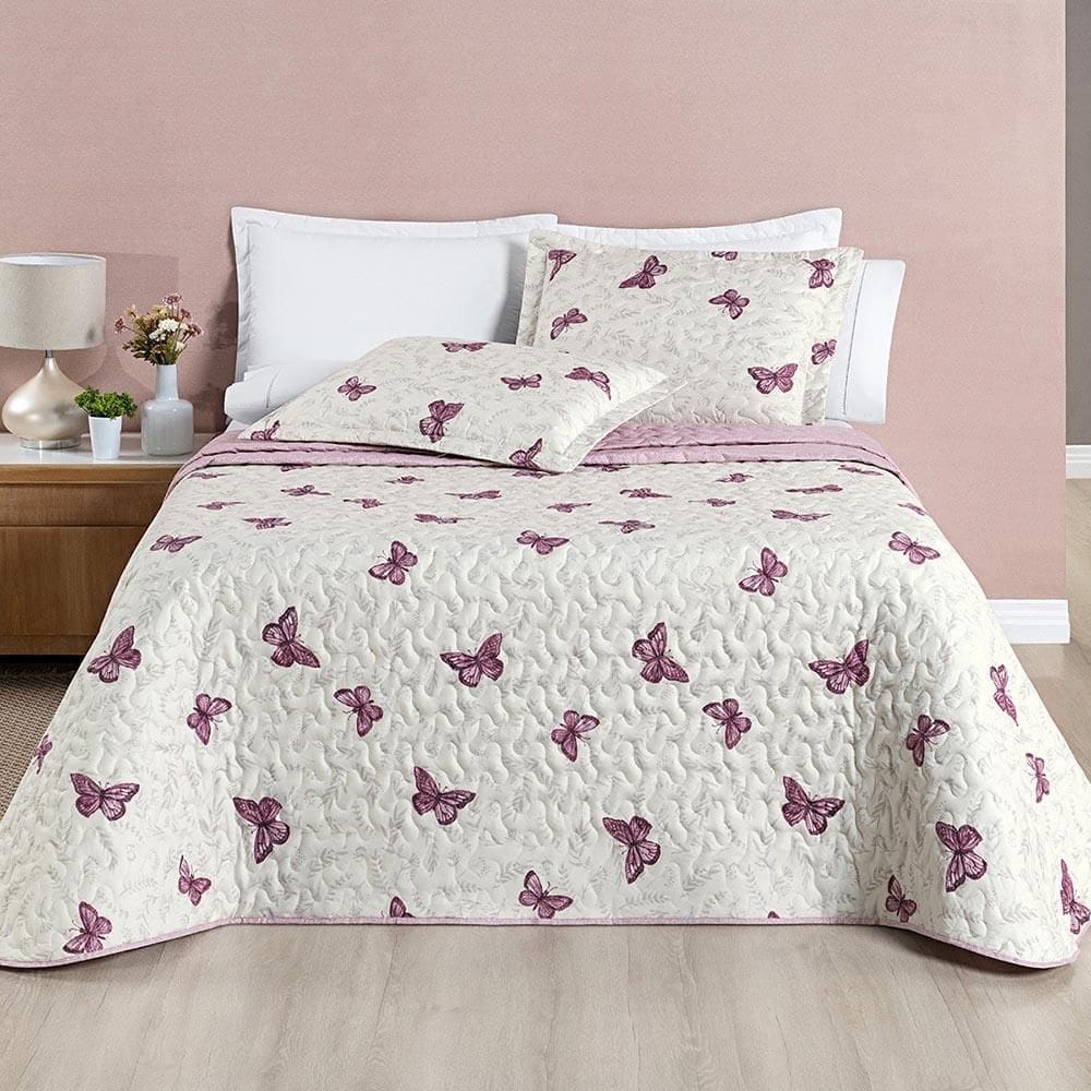 Kit Colcha Celi Queen Dupla Face 200 Fios Borboletas Rosê