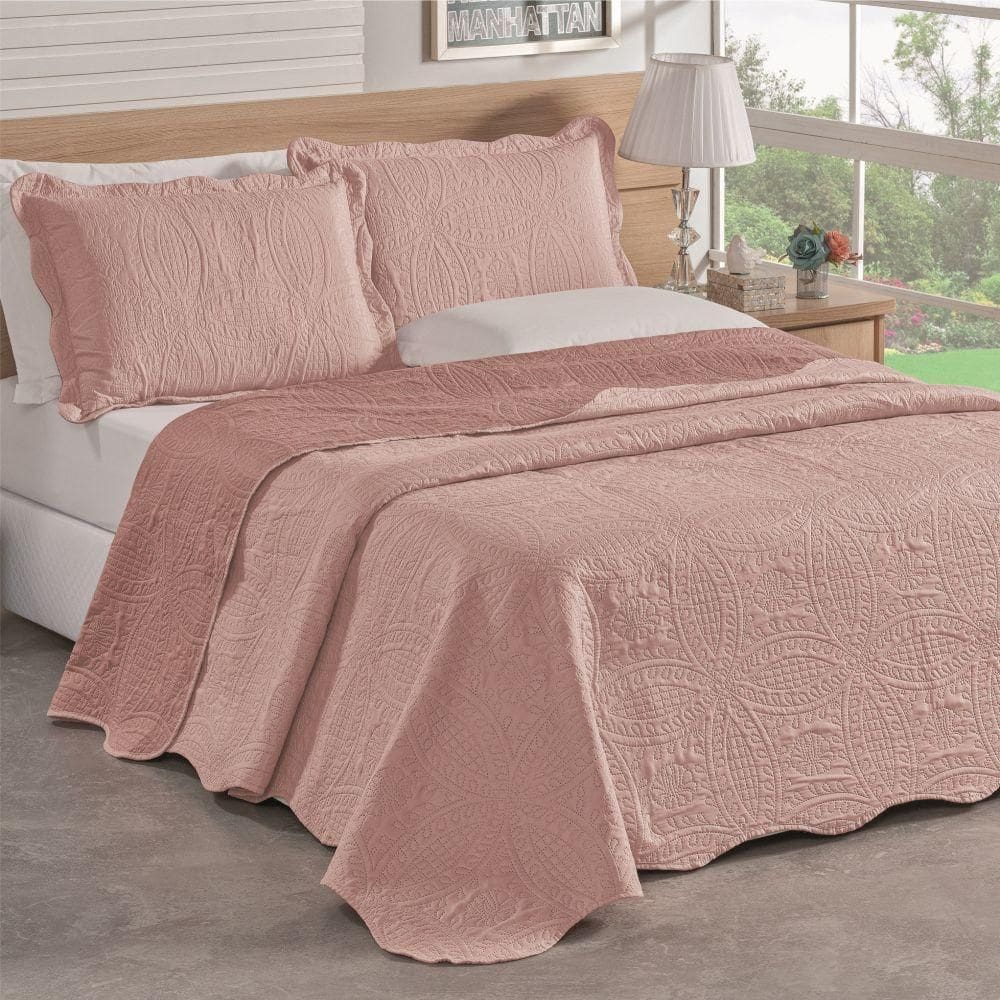 Colcha Casal Padrão Bella Dupla Face 03 Peças - Rosê
