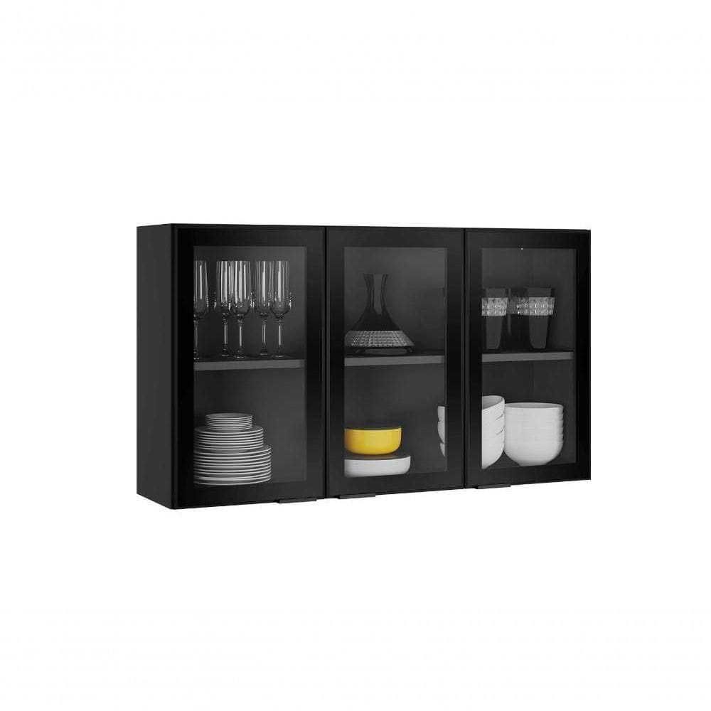 Armário Aéreo Alto Com Vidro Cozinhas Itatiaia Exclusive - 3 Portas - Grafite
