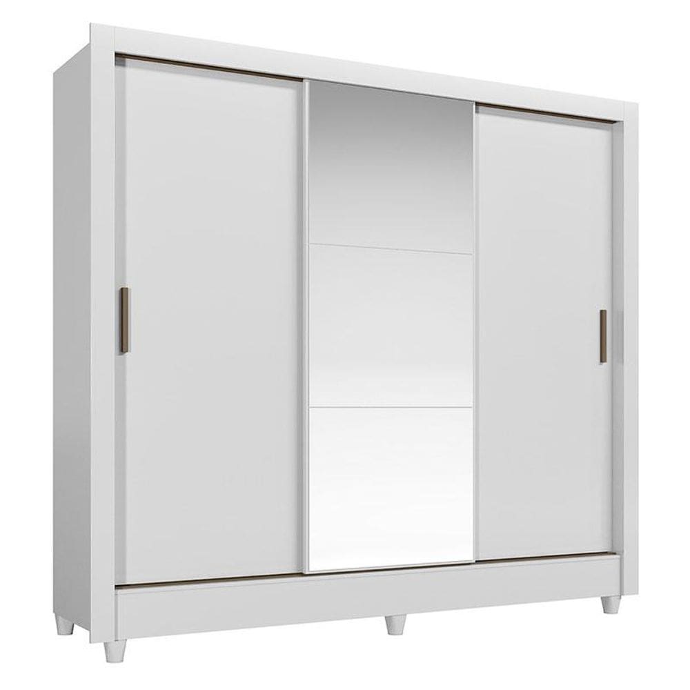 Guarda Roupa Casal 3 Portas de Correr com Pés e Espelho Italia Branco Brilho - Santos Andirá