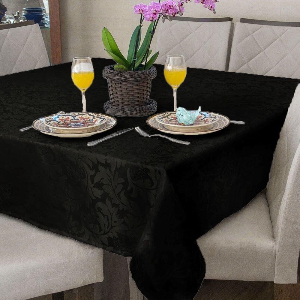 Toalha Mesa Sala Jantar Retangular Jacquard Preto 8 Lugares