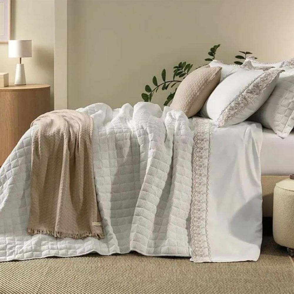 Jogo Cama Casal Bordado 200 Fios Percal Antônia 100% Algodão