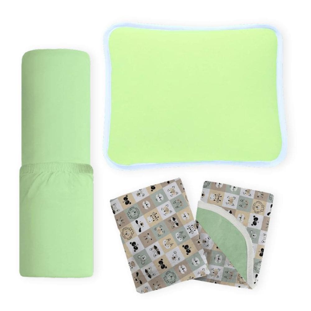 Jogo Berço Verde Fronha Lisa + Lençol Liso + Manta Estampada