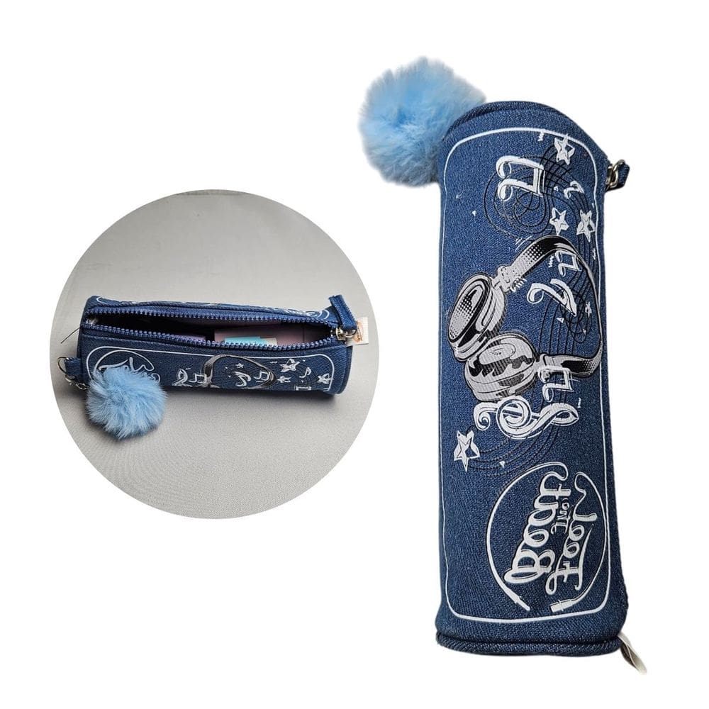 Estojo Escolar Musical Feel The Beat Fone Pompom Azul Jeans Organizador Aula Lápis Grande Prático