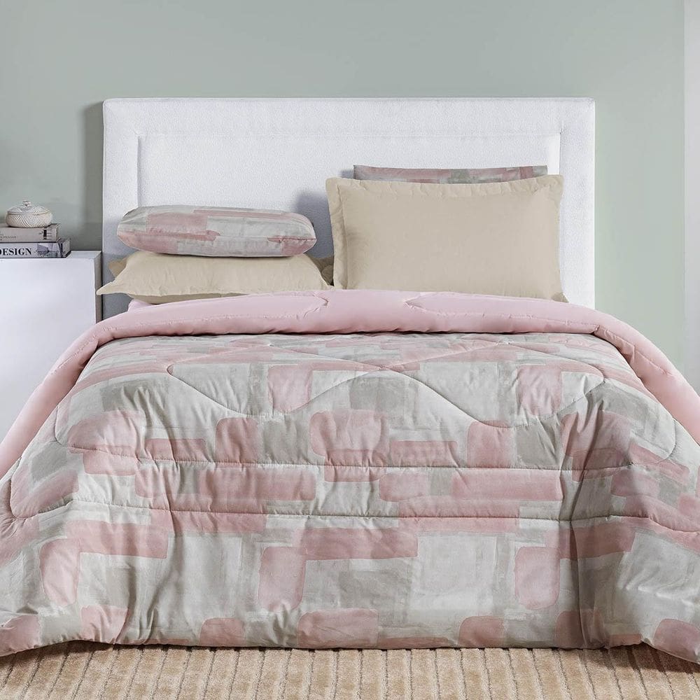 Edredom Maris King Percalle 200 Fios Floral Quadri Rosê