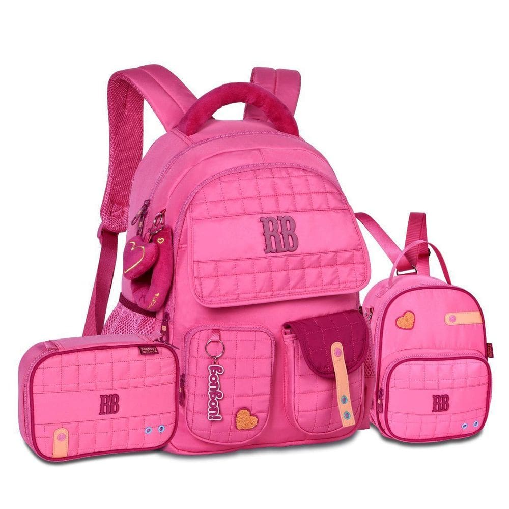 Mochila Lancheira E Estojo Escolar Feminino Detalhe Pelúcia