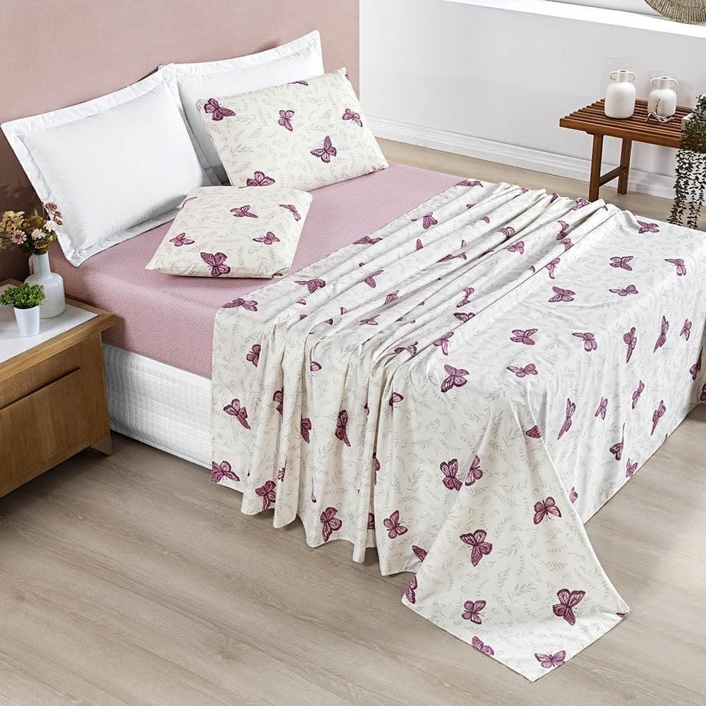 Jogo Lençol Celi Casal Micropercal 200 Fios Borboletas Rosê