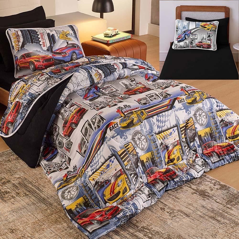 Kit Coordenado Edredom Lençol Solteiro Mymo Raci 100%