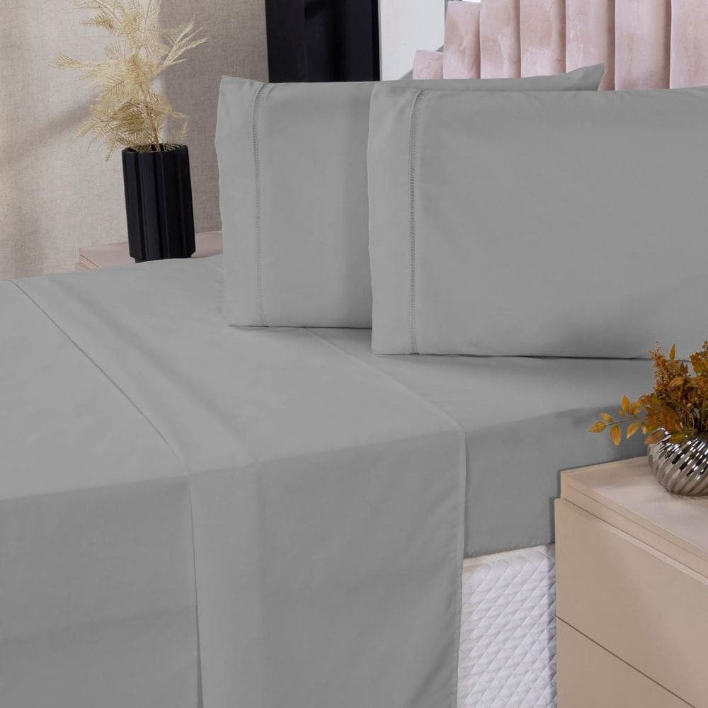 Jogo De Lençol Casal 4P Algodão Com Lençol De Cima Cinza