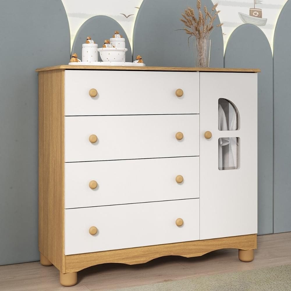 Cômoda Infantil 95cm 1 Porta com Vidro e 4 Gavetas Aurora Multimóveis MP4499