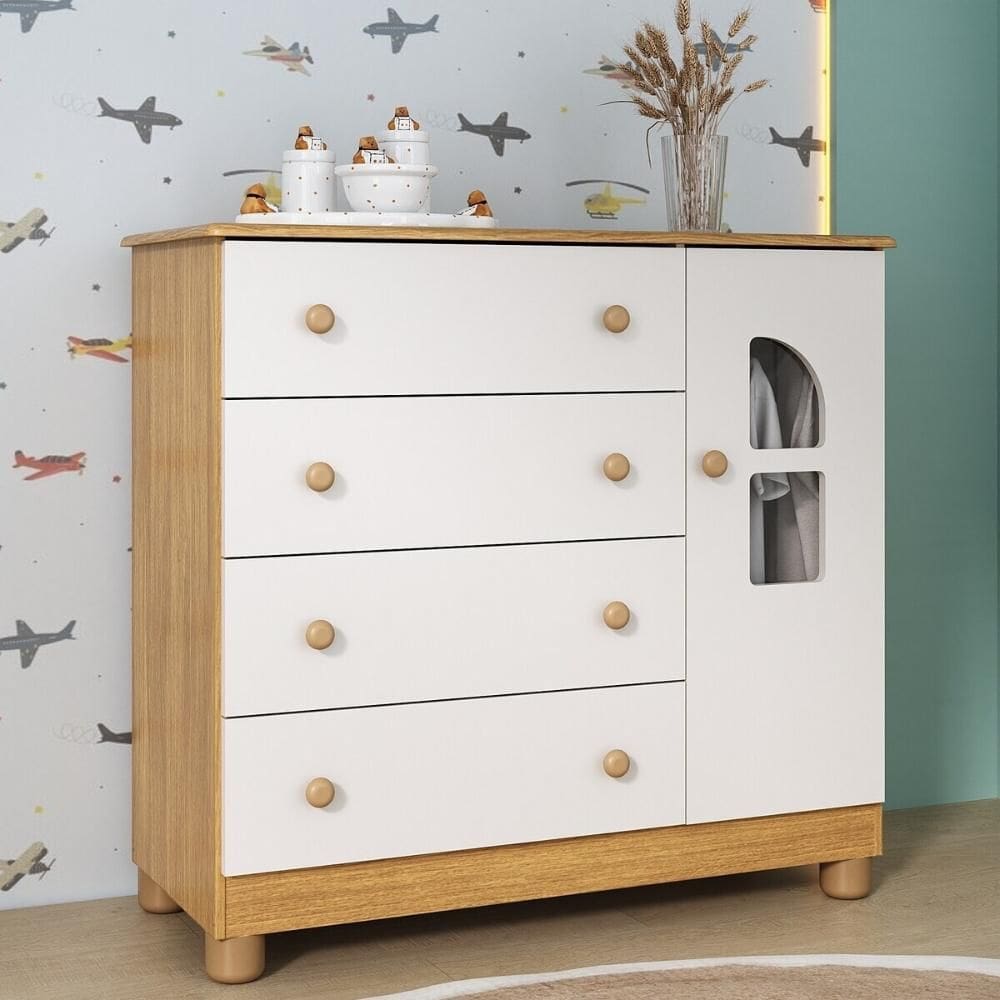 Cômoda Infantil 95cm 1 Porta com Vidro e 4 Gavetas Nina Multimóveis MP4505