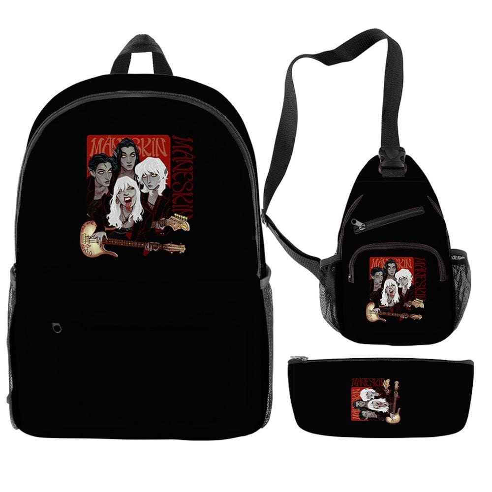 Conjunto de mochilas Maneskins Anime School, 3 peças Oxford Black Satch