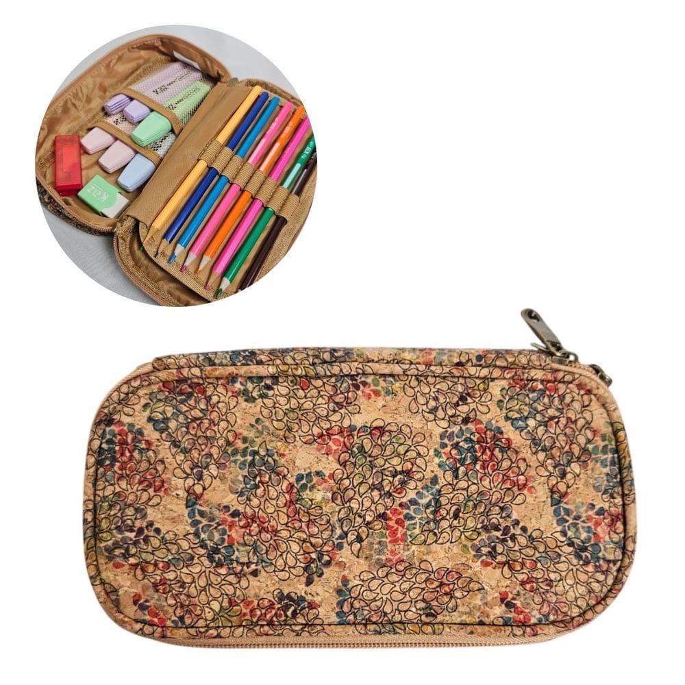 Estojo Box Escolar Duplo Estampa Floral Vibrante Cortiça Escamas Grande Lápis Caneta Material Aula