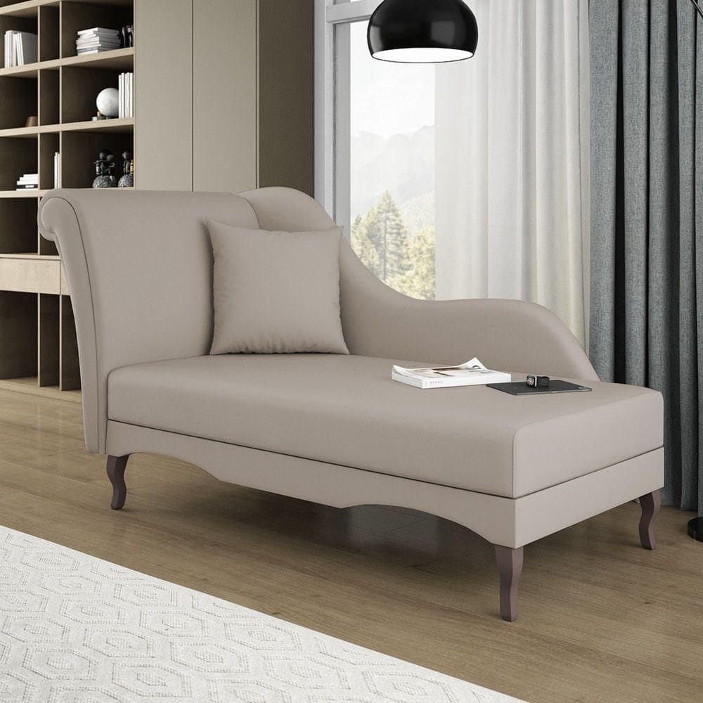 Divã Recamier Chaise Longue Valentina Clássico Com Pés De Madeira Veludo Bege - Desk Design