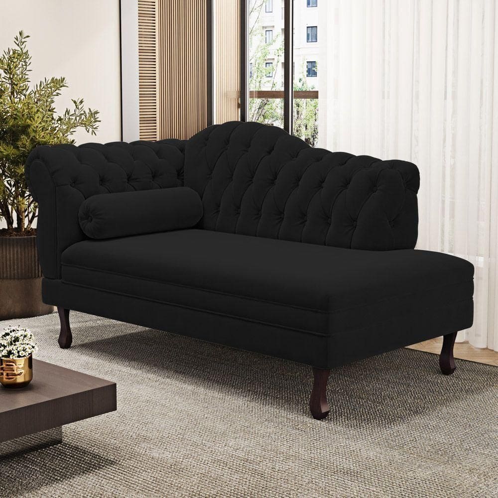 Divã Recamier Lavínia Clássico 120cm Capitonê Com Pés De Madeira Courino Preto - Desk Design