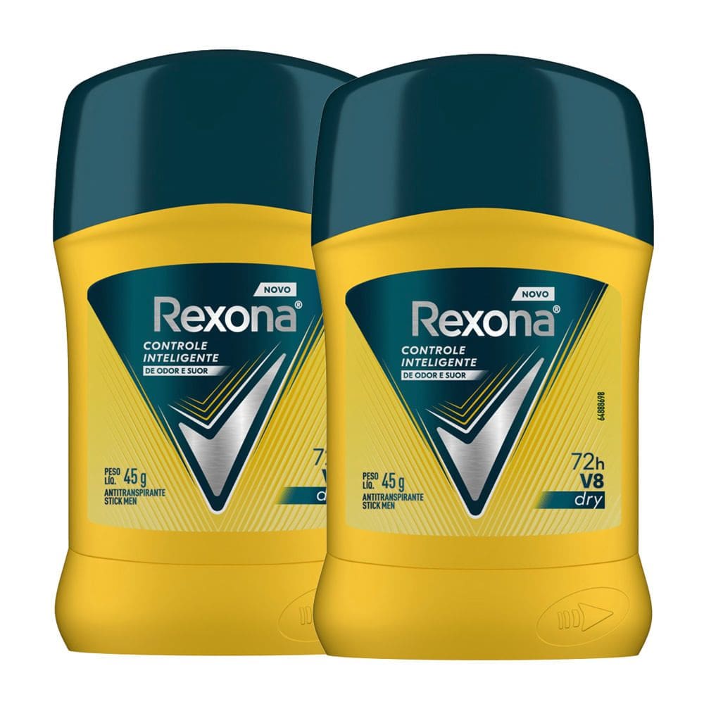 Kit 2 Desodorante Rexona Men V8 Dry Controle Inteligente 72h Antitranspirante Stick 45g