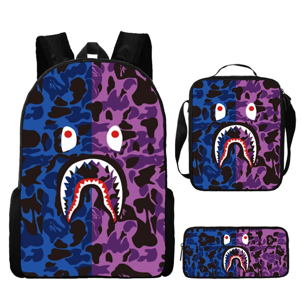 Conjunto de mochilas Sharks Camo Anime de 3 peças para crianças em idade escolar