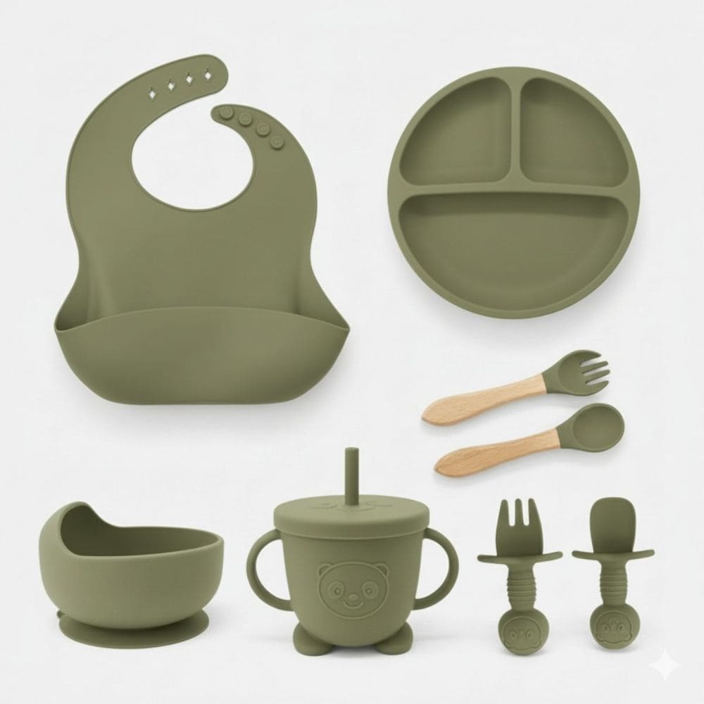 Kit Refeição 8 peças Alimentação do Bebê SiliconeTalheres com Ventosa Canudo Babador Cata migalha