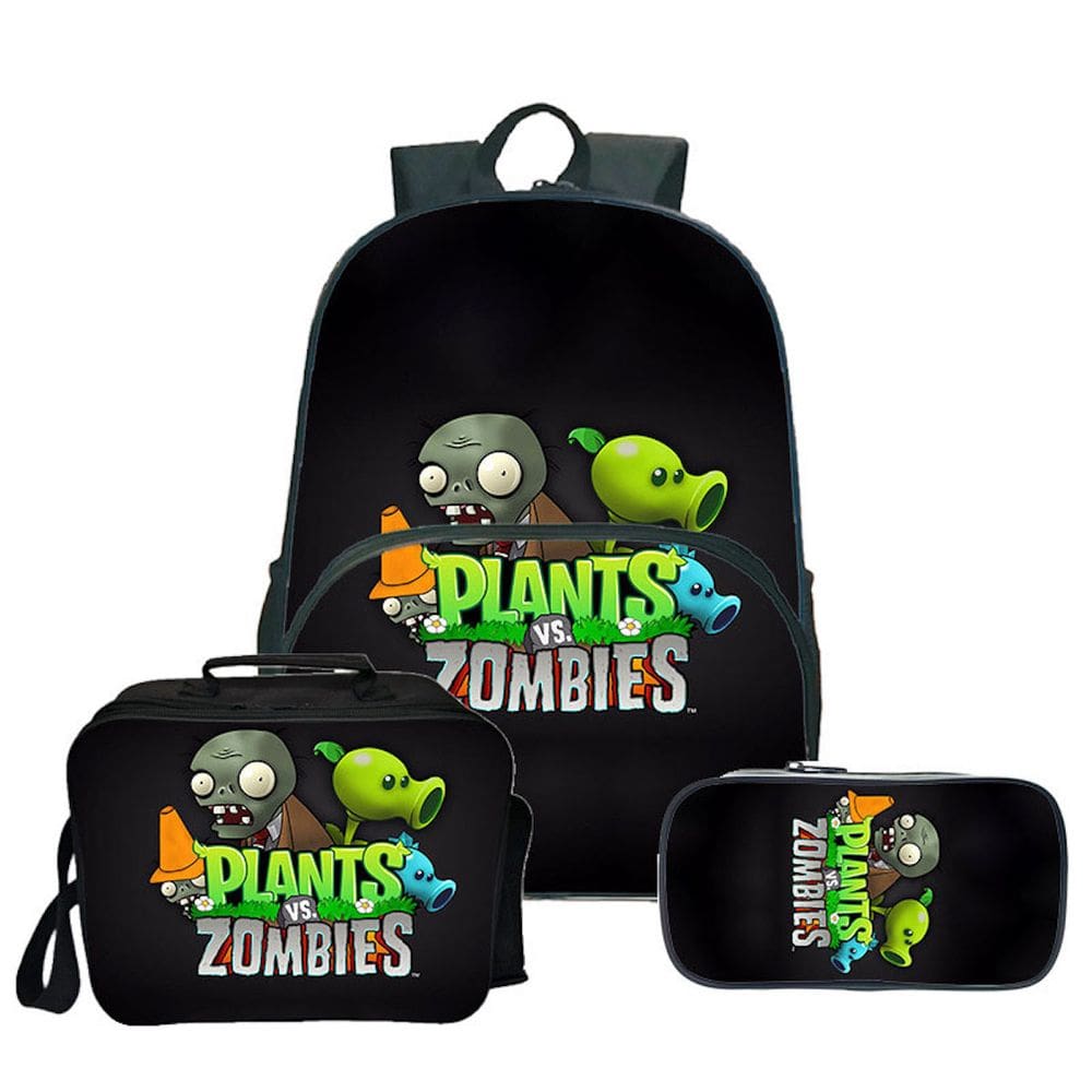 Mochila escolar Plants Zombies Anime com lancheira e bolsa de lápis