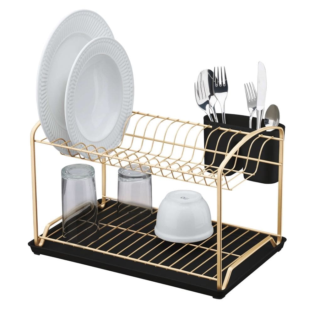Escorredor de Louça Duplo Com Bandeja Porta Talheres Prato Copos Dourado - 1548DD Future