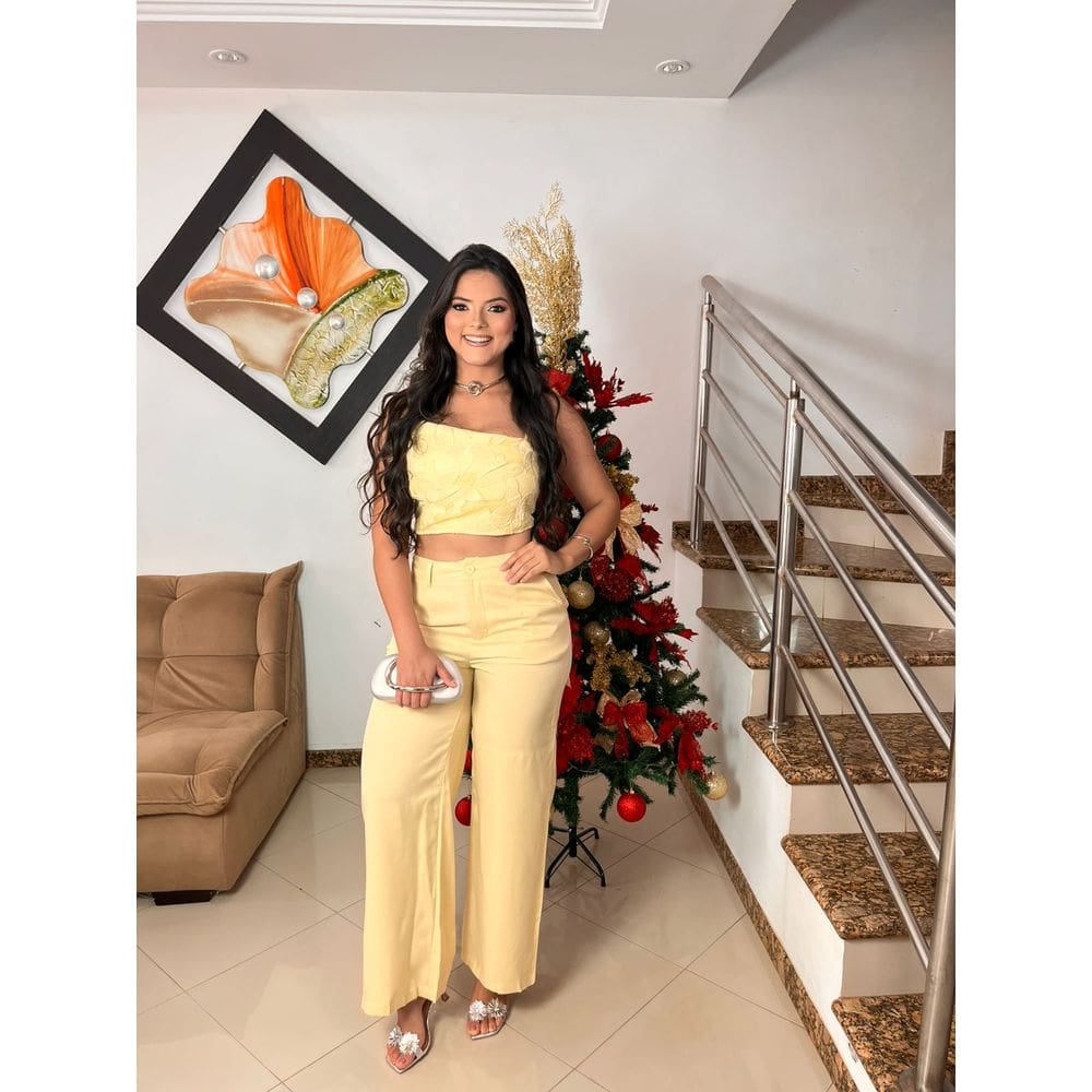 Conjunto Calça Pantalona Cropped Bordado De Alça Crisconf