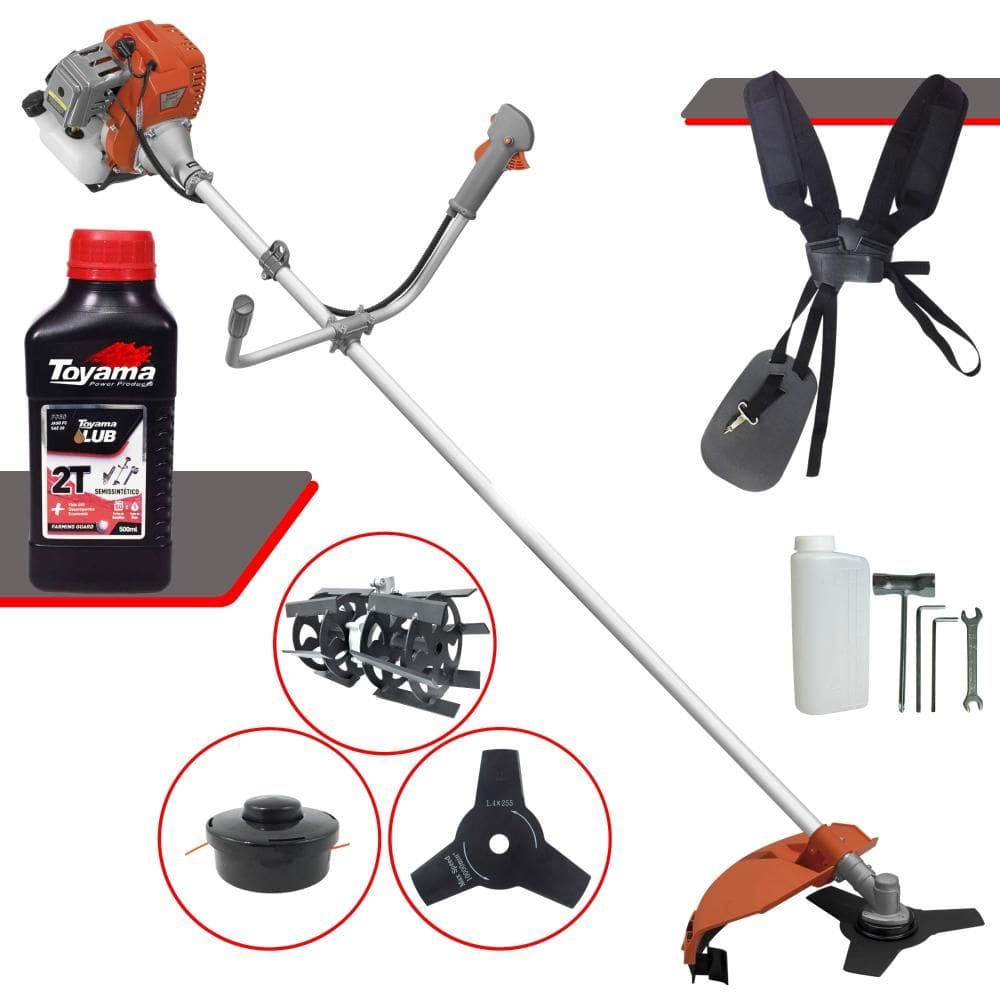 Aparador de Grama Lateral Tekna RL520ACG2 À Gasolina 52cc 2HP 13.000rpm Roçadeira Com Carretel Nylon + Lâmina 3 Pontas + Enxada Rotativa + ÓLEO TOYAMA