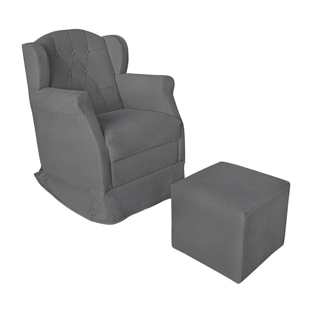 Poltrona Amamentação Com Balanço E Puff Luxo Suede Manuela Cinza