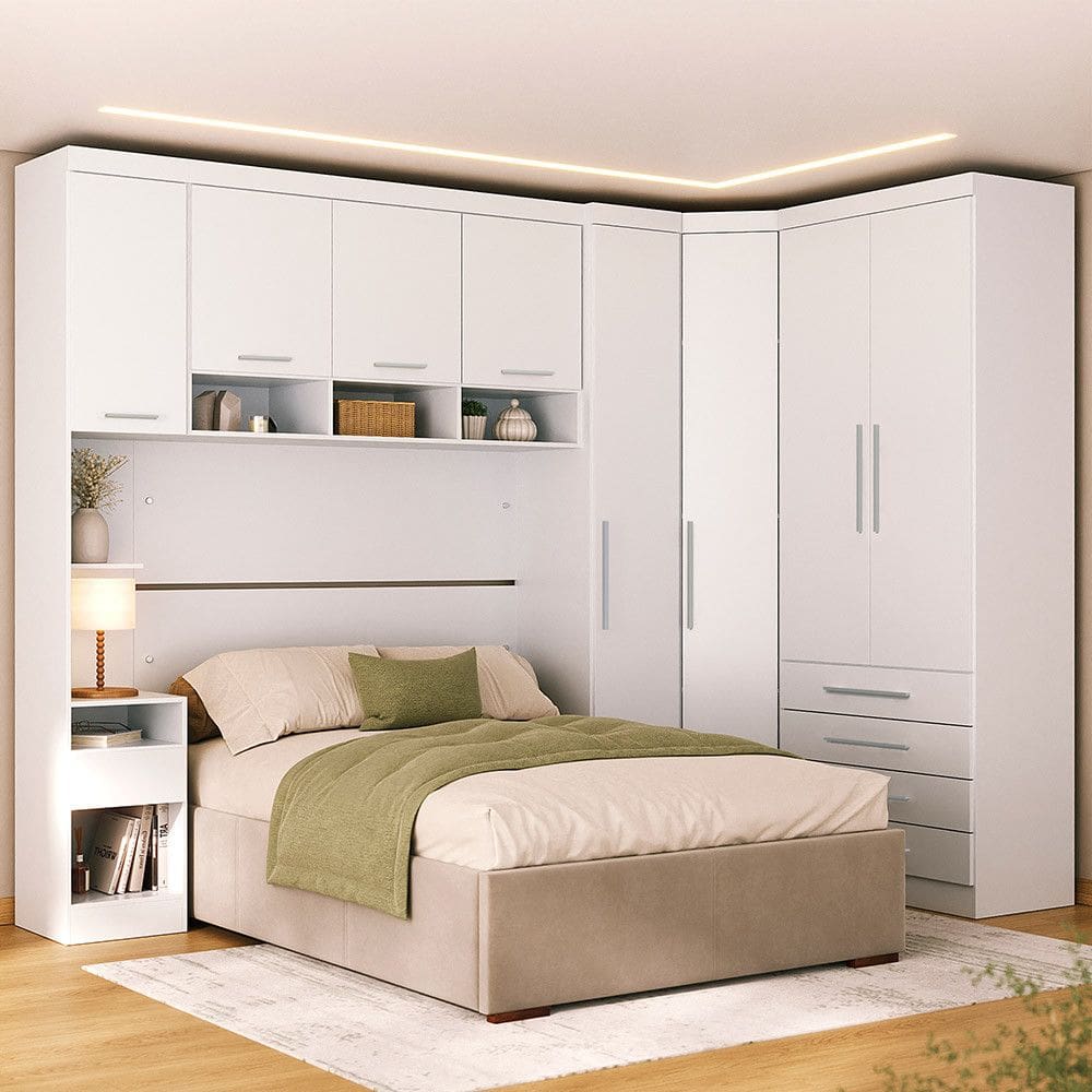 Quarto Modulado Queen de Canto com Guarda-roupas Maleiro e Cabeceira Alpes Master Luciane Moveis