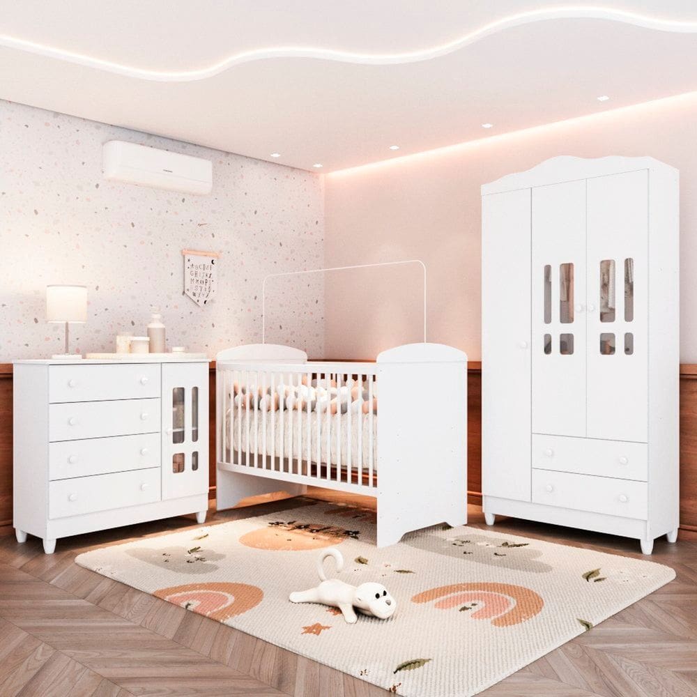 Quarto de Bebê Berço Eloá e Cômoda 1 Porta e Guarda-roupa 3 Portas Ariel Branco