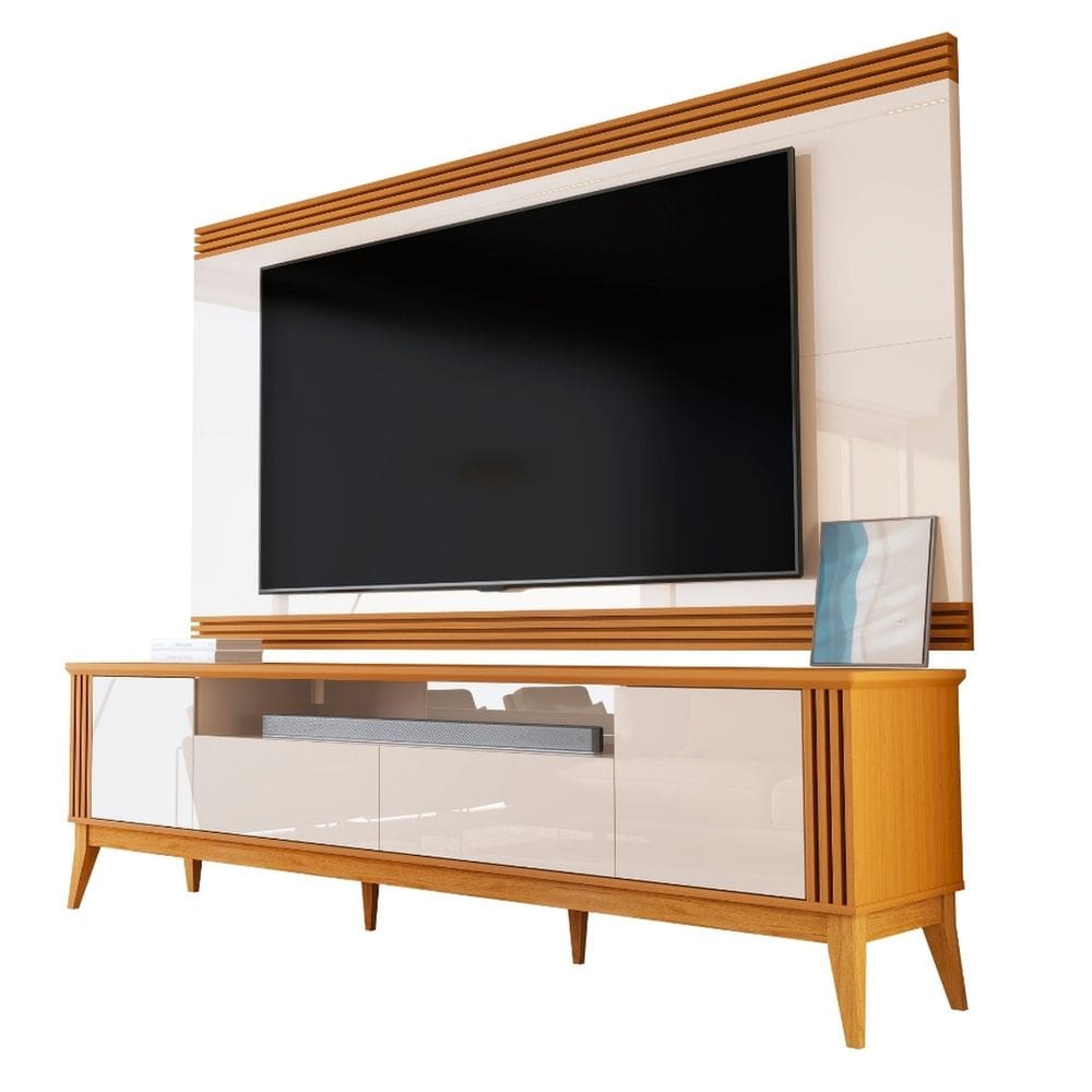 Rack Bancada com Painel Detalhe Ripado Vetro Para TV Até 75 Polegadas 2,18m Madeirado/Off White