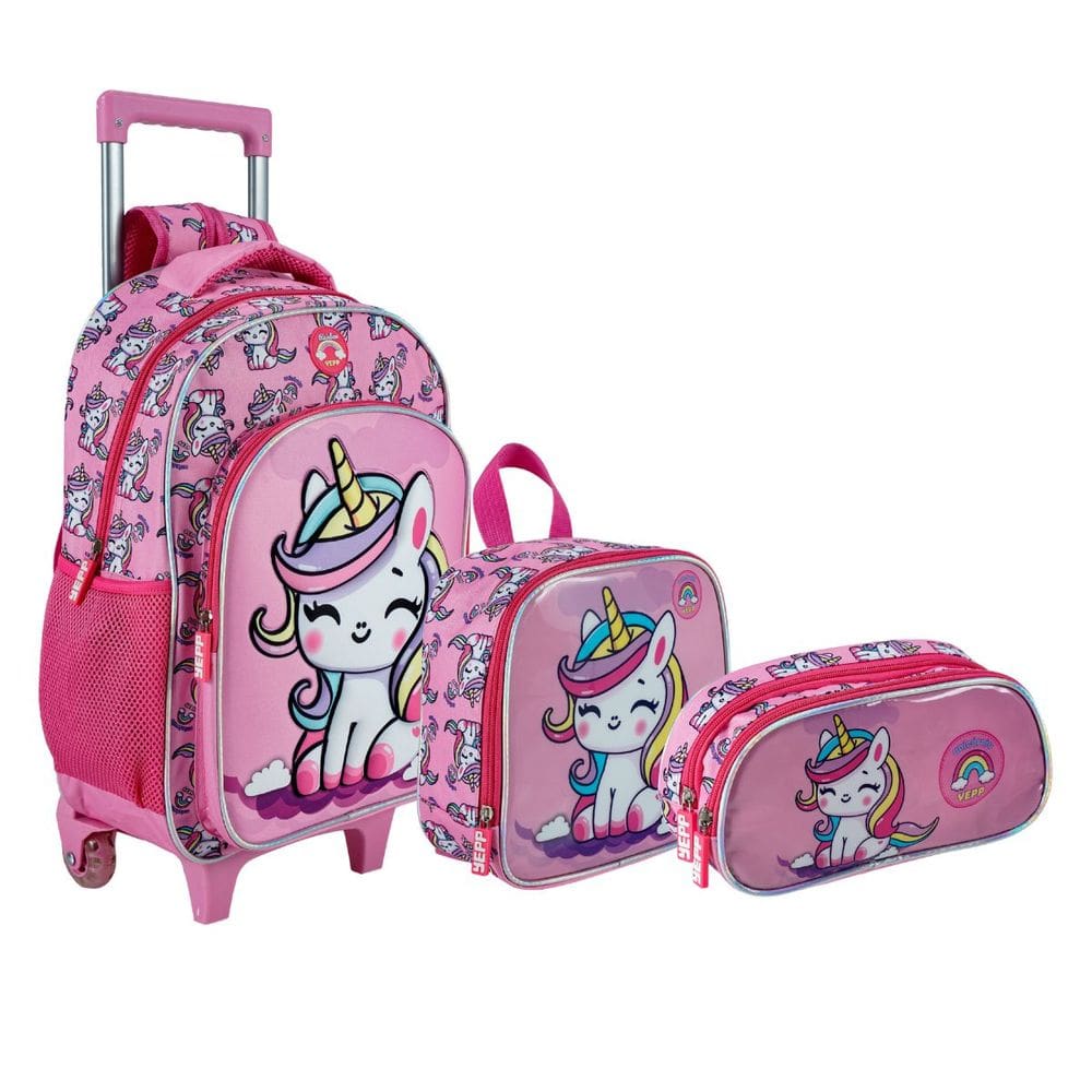 Kit Mochila Escolar Creche Unicórnio Carrinho Rodinha menina