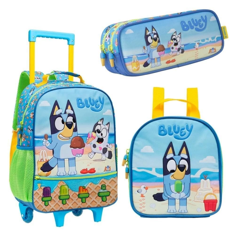 Kit Mochila De Carrinho Escolar Com Rodinhas Lancheira E Estojo Bluey
