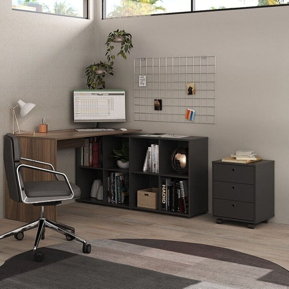 Escrivaninha em L com 8 Nichos e Gaveteiro de 3 Gavetas com Rodízios Ipê / Preto