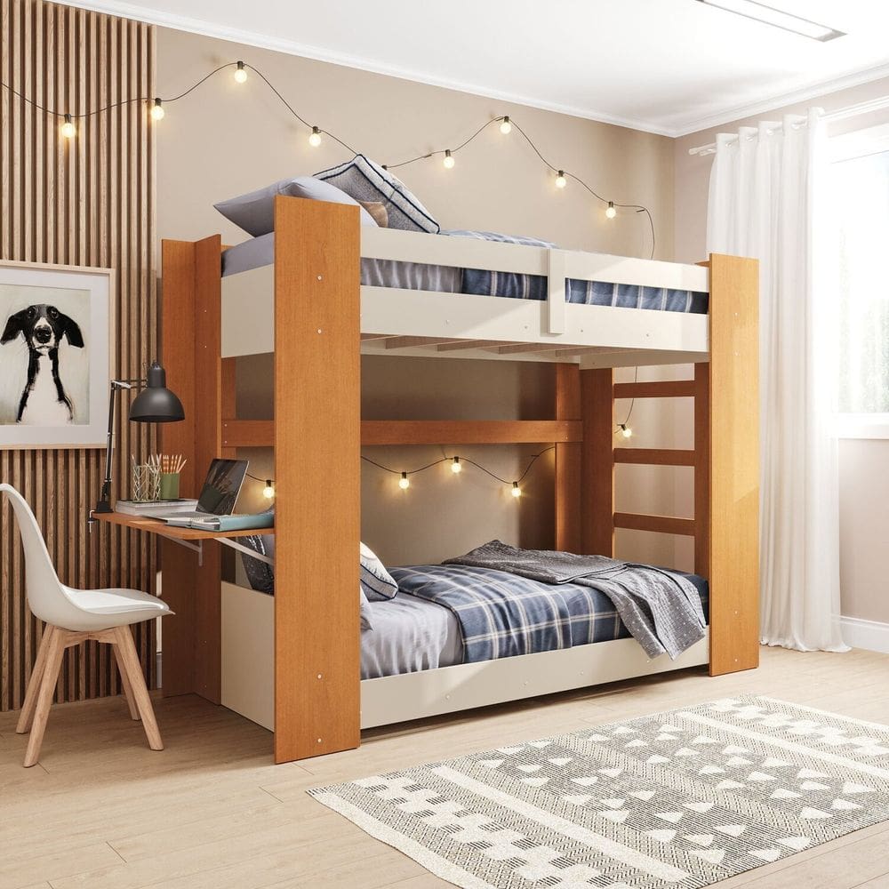 Beliche Adulto com Mesa de Estudos Estrela Creme/Freijó