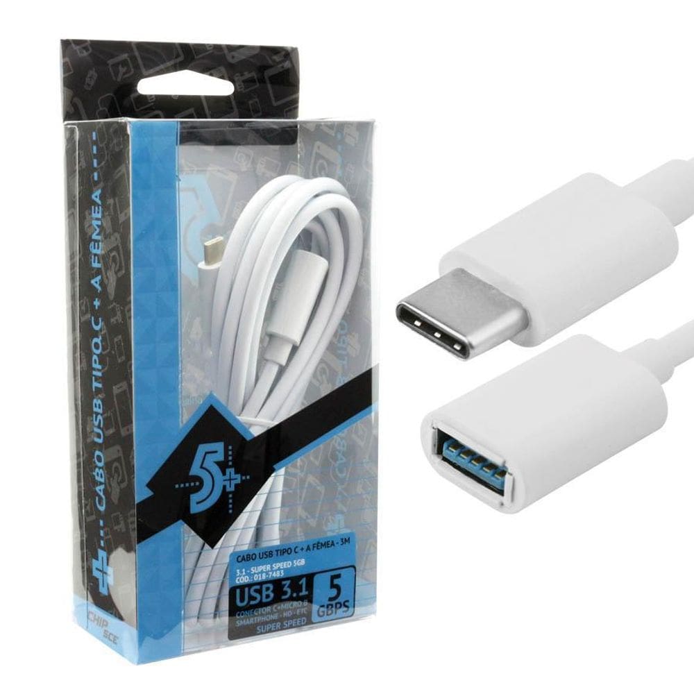 Cabo Adaptador Usb-C 3.1 Para Usb-A Fêmea 5Gbps Branco - 3M