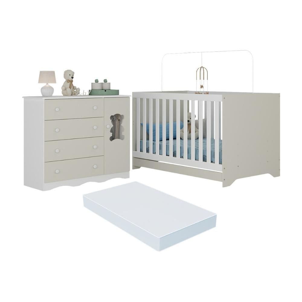 Berço Americano 3 em 1 com Colchão Incluso e Cômoda 1 Porta 4 Gavetas Doçura Multimóveis MP4733