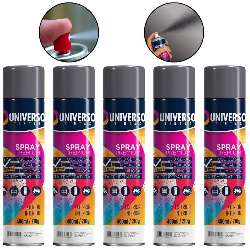 Kit 05 Latas Tinta Spray Cinza Grafite 400Ml Uso Geral