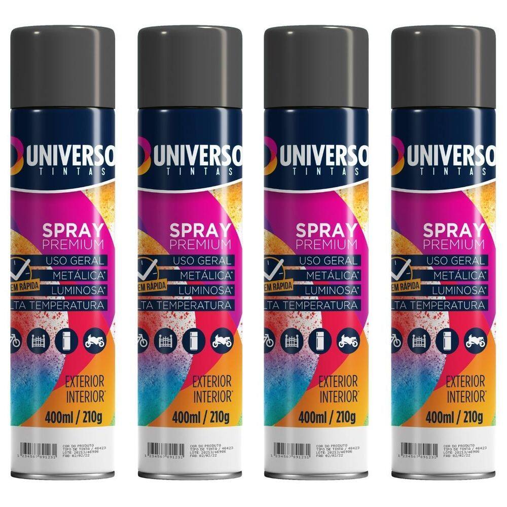 Kit 04 Latas Tinta Spray Preto Brilhante 400Ml Uso Geral