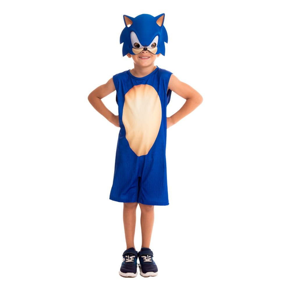 Fantasia Sonic Infantil Macacão Curto Máscara Oficial Sega