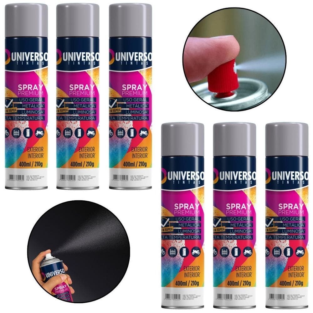 Kit 06 Latas Tinta Spray Cinza 400Ml Uso Geral Aço Couro