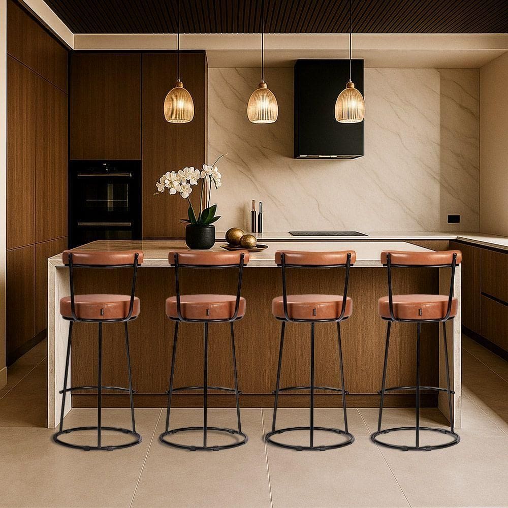 Banqueta Alta Cozinha 70cm Encosto Industrial Aço Kit 4 Ziria Pu S02 - D`rossi Caramelo