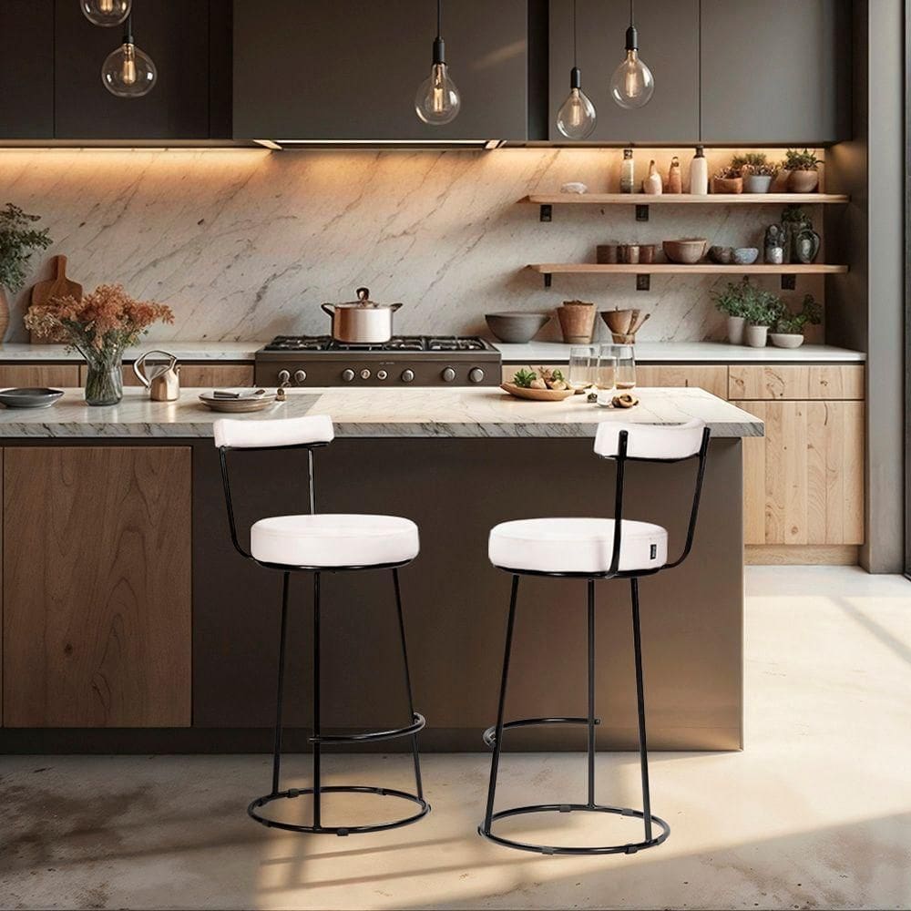 Banqueta Alta Cozinha 70cm Encosto Industrial Aço Kit 2 Ziria Pu S02 - D`rossi Off White