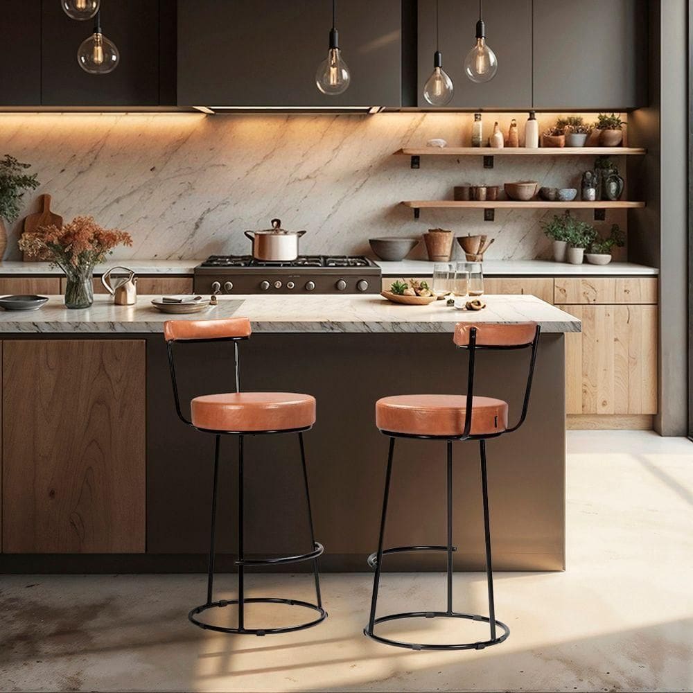 Banqueta Alta Cozinha 70cm Encosto Industrial Aço Kit 2 Ziria Pu S02 - D`rossi Caramelo