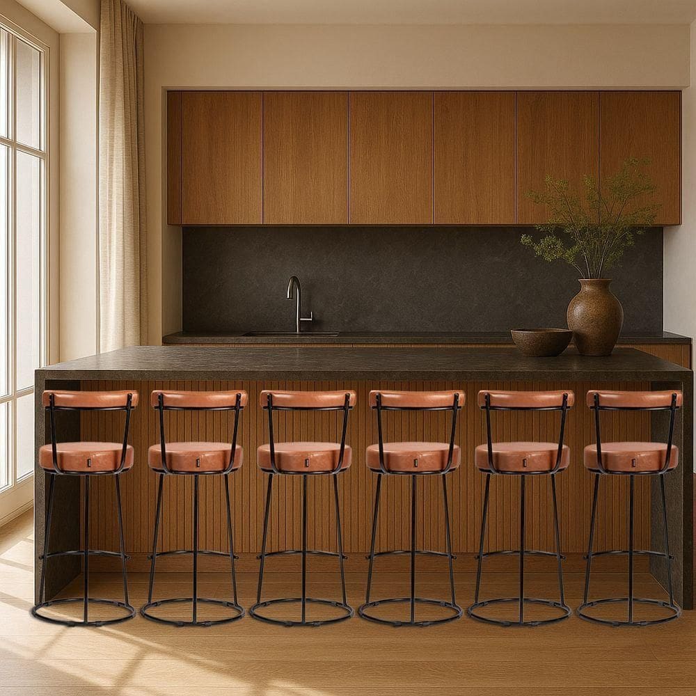 Banqueta Alta Cozinha 70cm Encosto Industrial Aço Kit 6 Ziria Pu S02 - D`rossi Caramelo