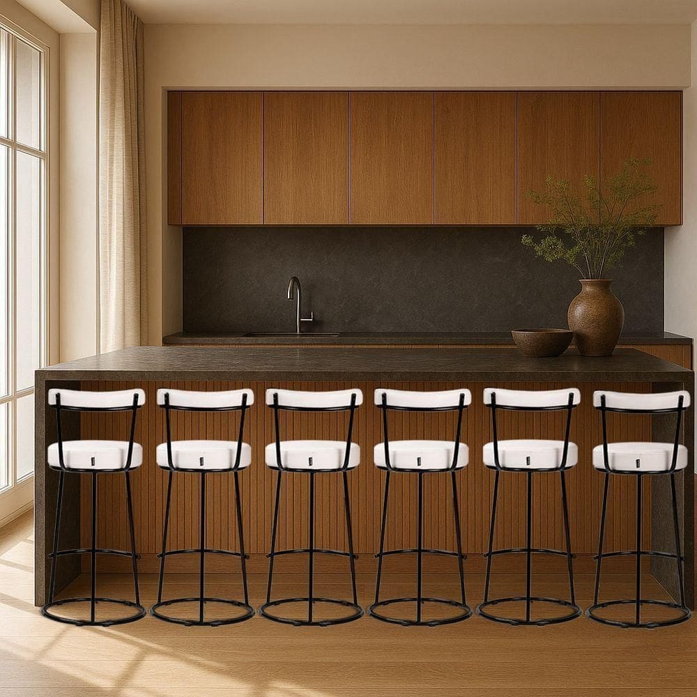 Banqueta Alta Cozinha 70cm Encosto Industrial Aço Kit 6 Ziria Pu S02 - D`rossi Off White