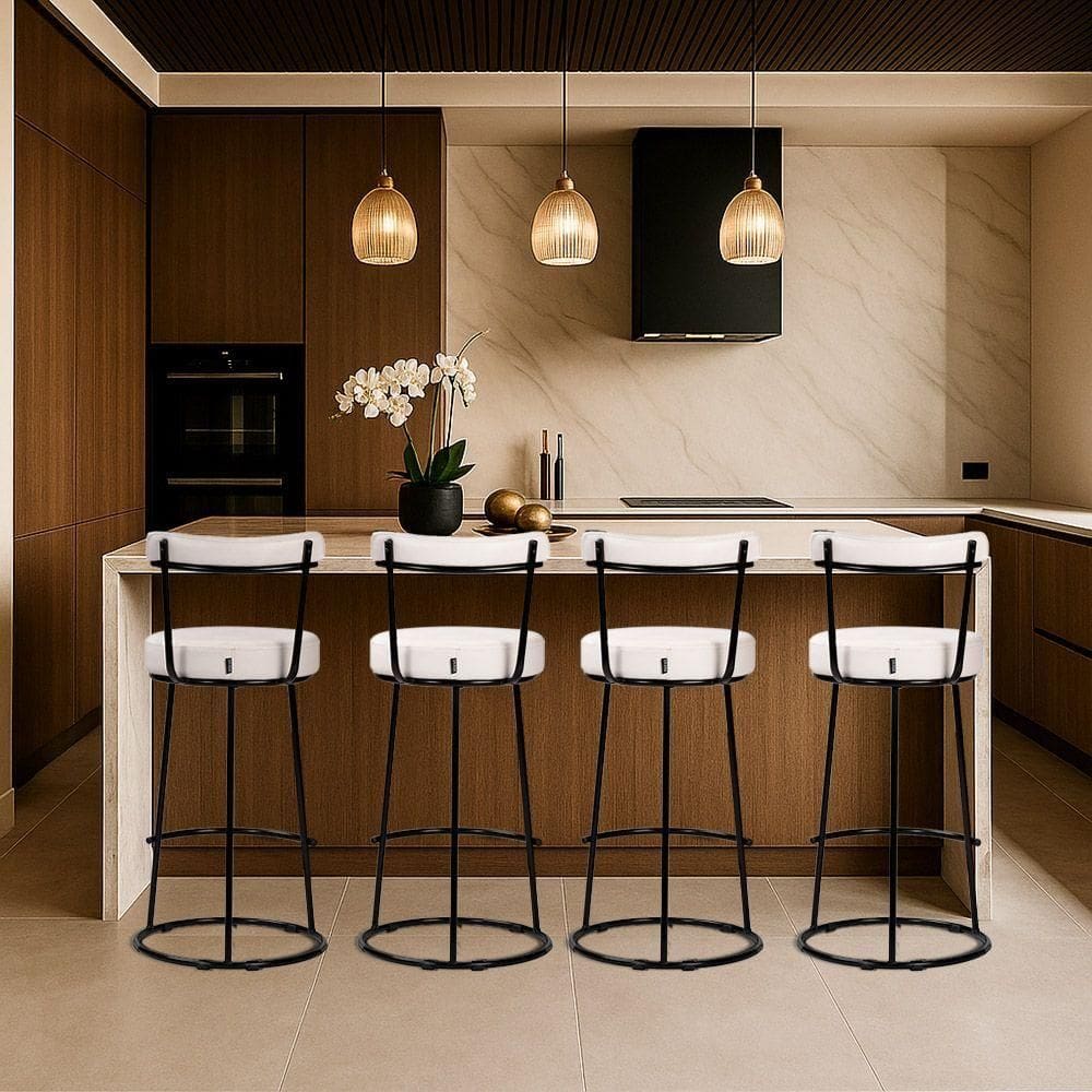 Banqueta Alta Cozinha 70cm Encosto Industrial Aço Kit 4 Ziria Pu S02 - D`rossi Off White