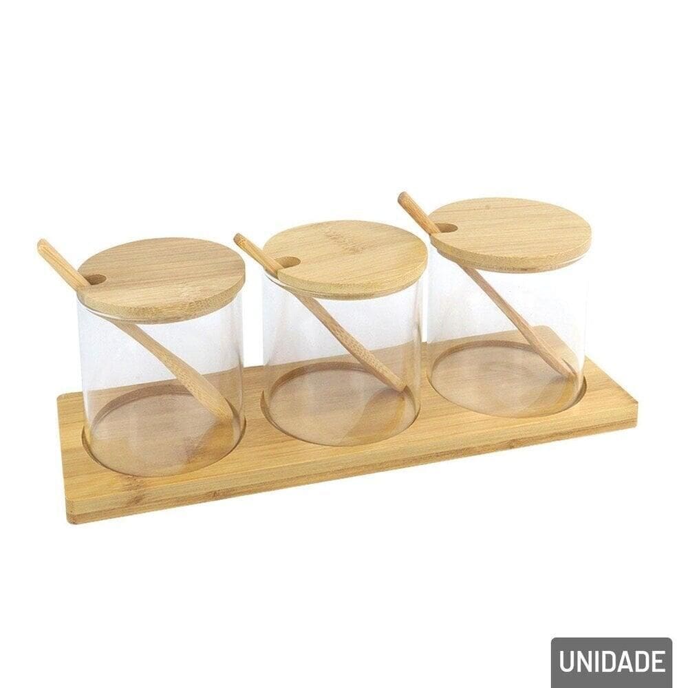 Porta Condimento Vidro 03 Pçs Suporte de Bambu - Tudo em Caixa