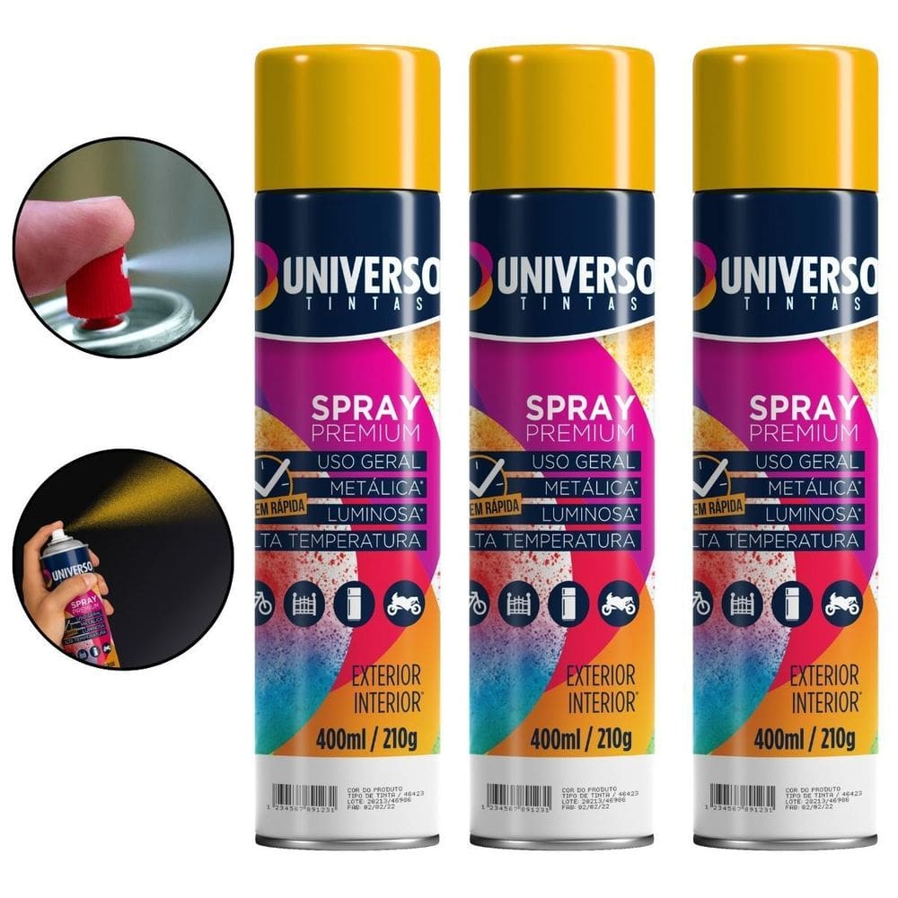 Kit 03 Latas Tinta Spray Amarelo 400Ml Uso Geral Aço Couro
