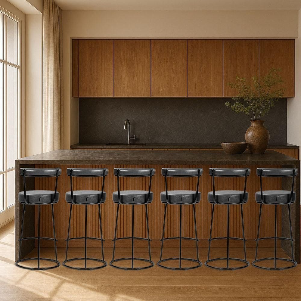 Banqueta Alta Cozinha 70cm Encosto Industrial Aço Kit 6 Ziria Pu Preto S02 - D`rossi